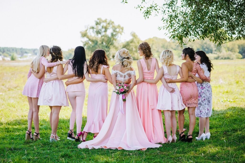 woman, bridal party, lineup, wedding, bride, bridesmaids, dresses, field, wedding, wedding, wedding, wedding, wedding